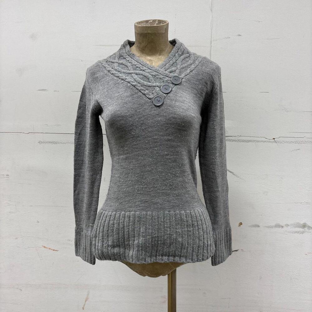 Gray Vintage Crossover Cable-Knit Mock Neck Sweater